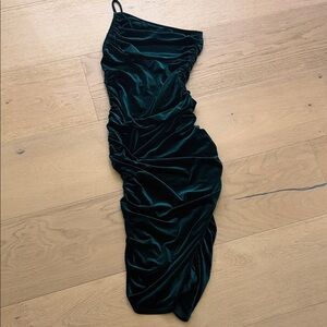 Lovers + Friends One Shoulder Velvet Dress in Deep Green